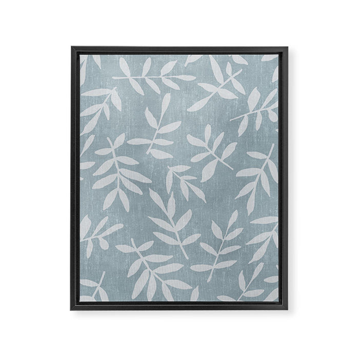 Simple Scandinavian Ditsy Leaf Pattern Blue Grey Framed Canvas Print Gallery Image 1