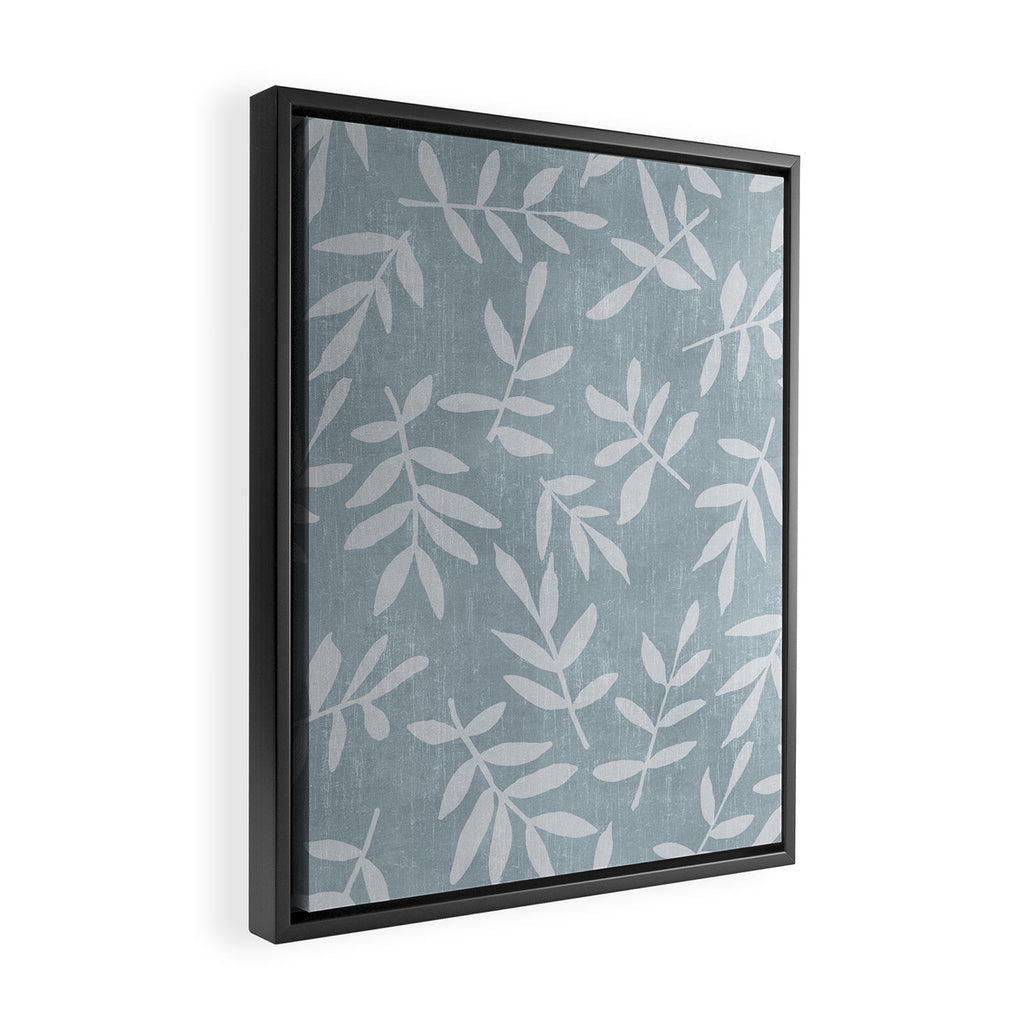 Simple Scandinavian Ditsy Leaf Pattern Blue Grey Framed Canvas Print Gallery Image 2
