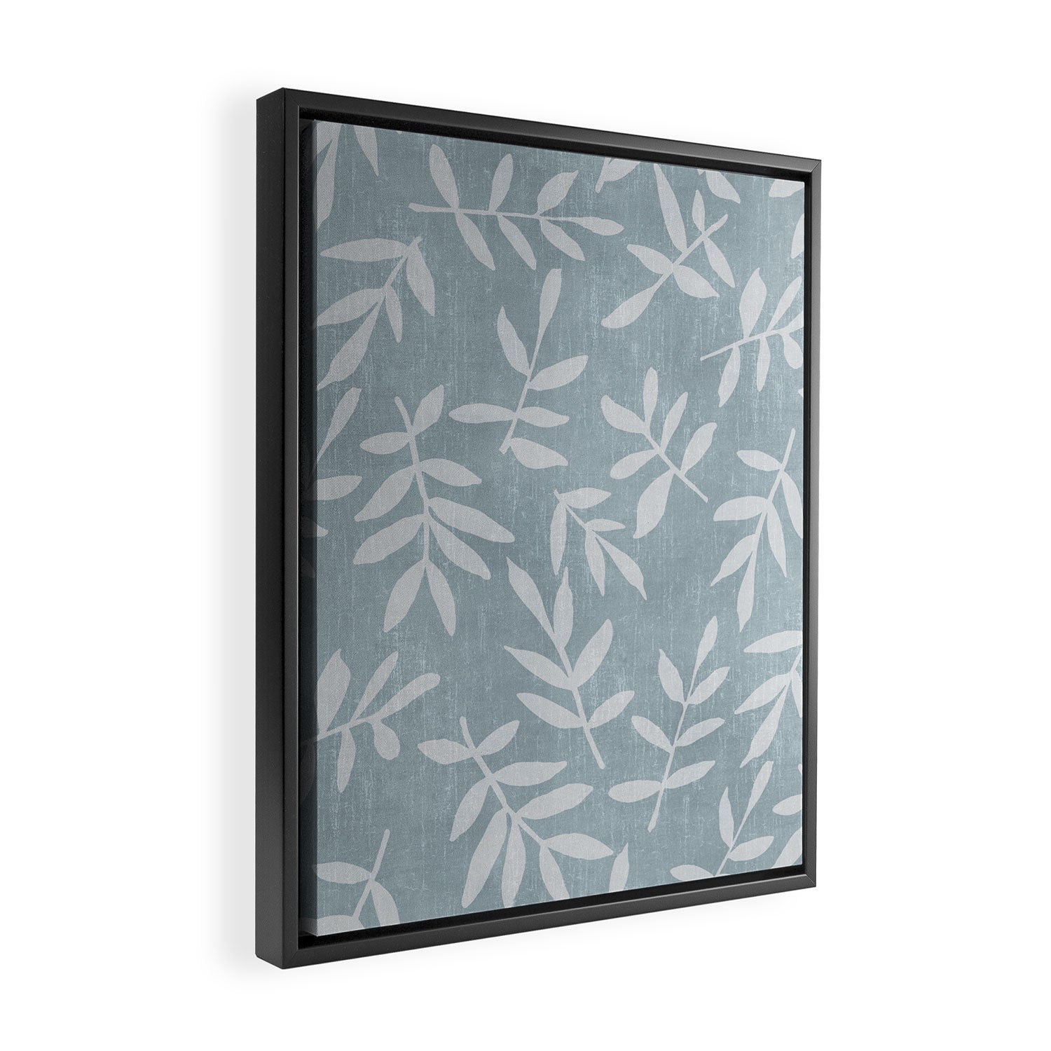 Simple Scandinavian Ditsy Leaf Pattern Blue Grey Framed Canvas Print Gallery Image 2