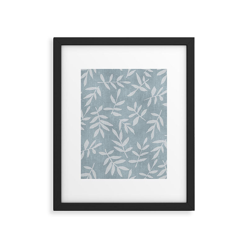 Simple Scandinavian Ditsy Leaf Pattern Blue Grey Framed Art Print Gallery Image 5
