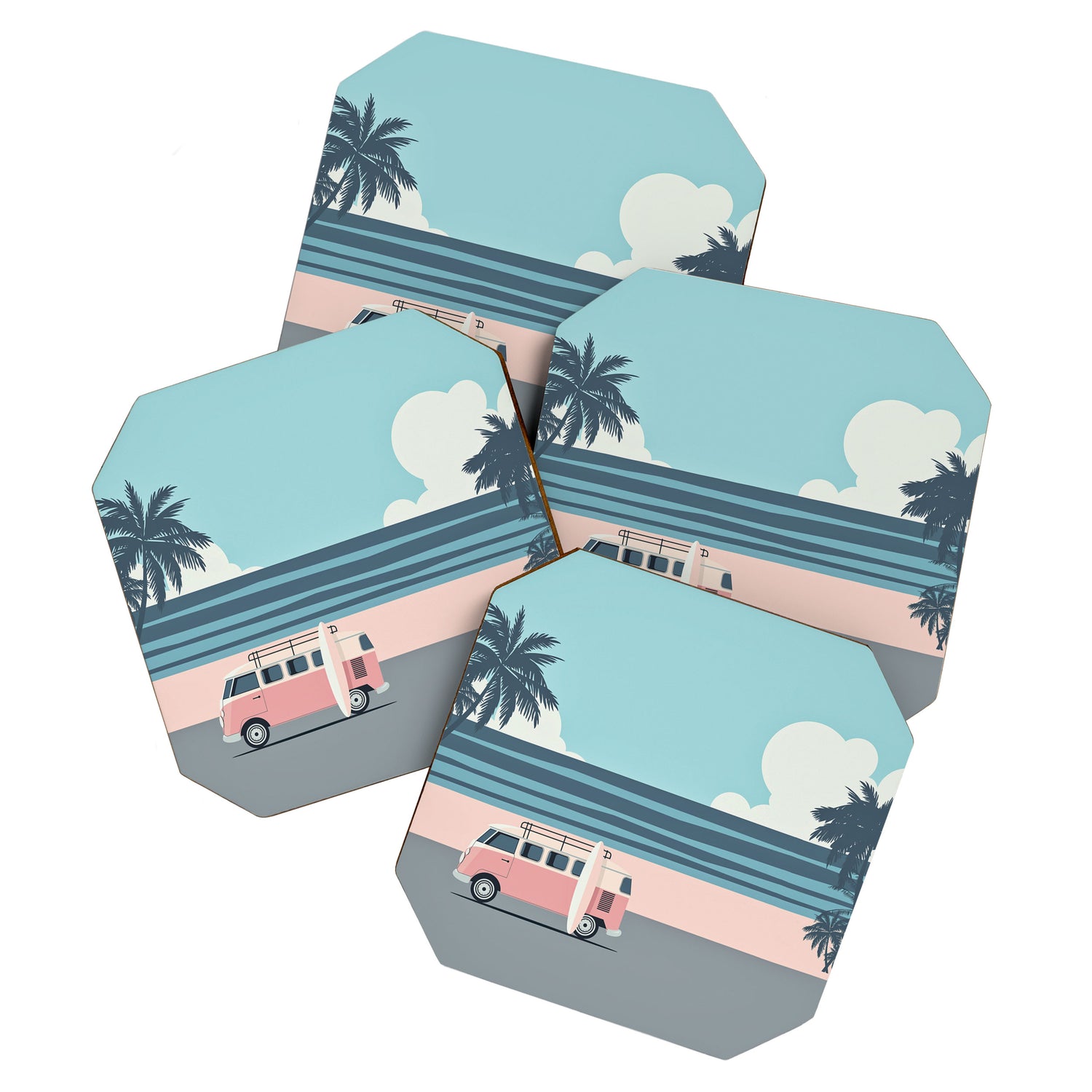 Surfer Graphic Beach Palm-Tree Camper-Van Art Coaster Gallery Image 1