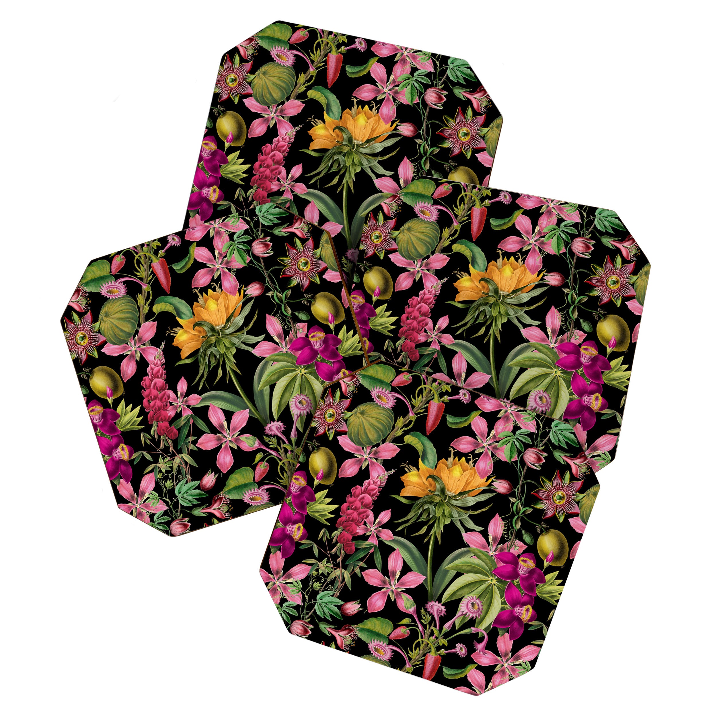Tropical Bloom Serenade Exotic Floral Pattern Vintage Botanical Vibes Black Coaster Gallery Image 1