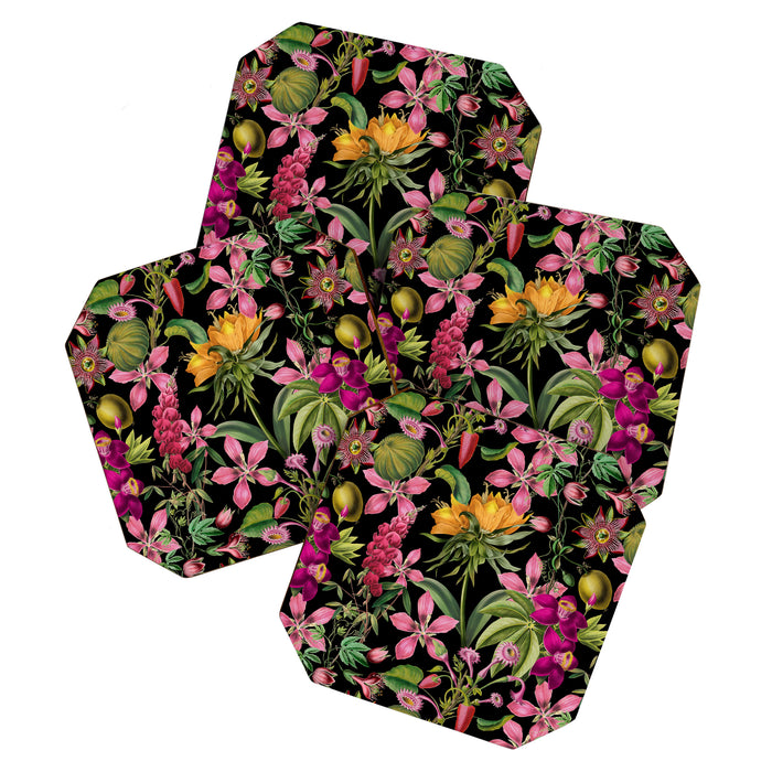 Tropical Bloom Serenade Exotic Floral Pattern Vintage Botanical Vibes Black Coaster Gallery Image 1