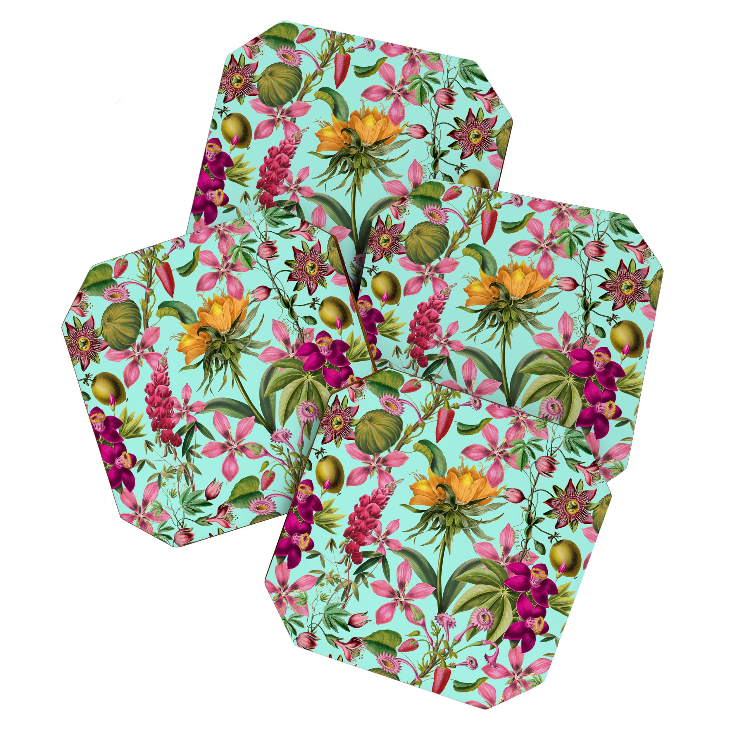 Tropical Bloom Serenade Exotic Floral Pattern Vintage Botanical Vibes Turquoise Coaster Gallery Image 1