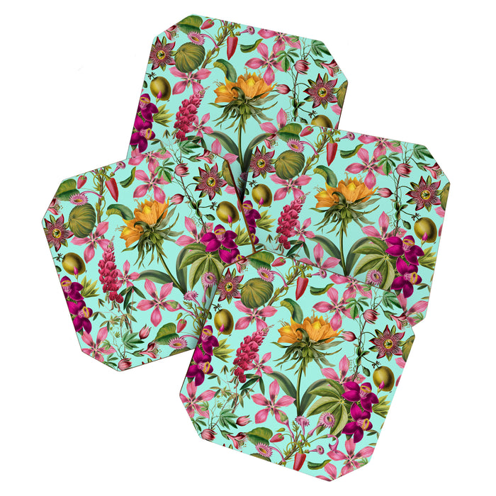 Tropical Bloom Serenade Exotic Floral Pattern Vintage Botanical Vibes Turquoise Coaster Gallery Image 1