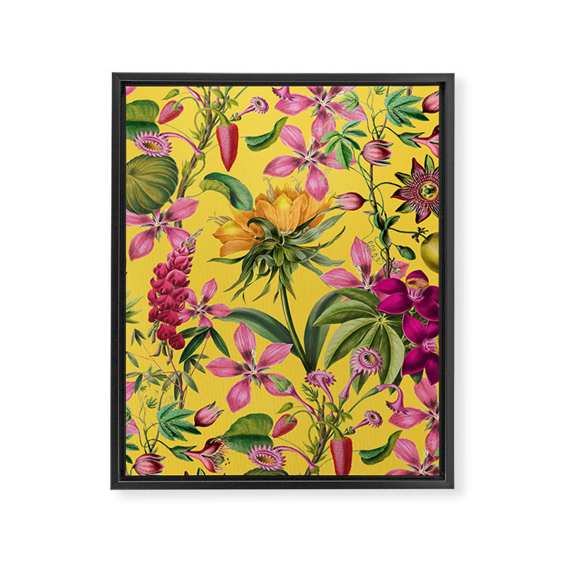 Tropical Bloom Serenade Exotic Floral Pattern Vintage Botanical Vibes Yellow Framed Canvas Print Gallery Image 6