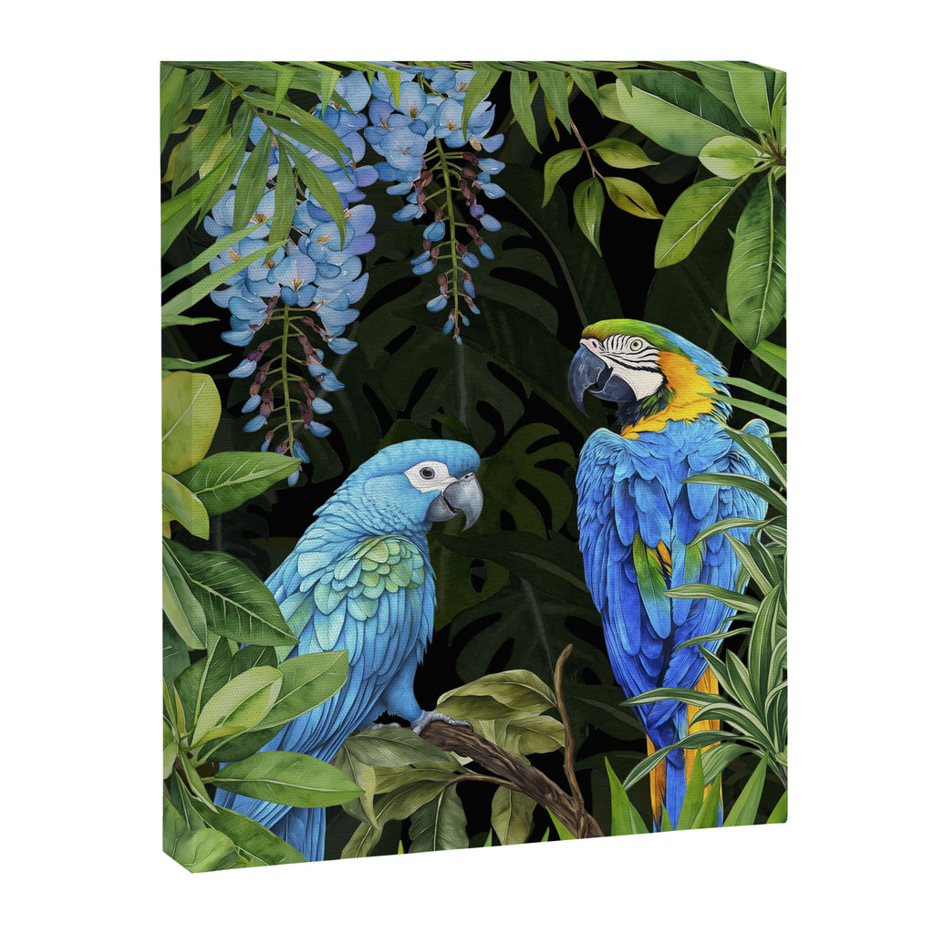 Tropical Blues Watercolor Parrots In The Canopy Canvas Print Gallery Image 8