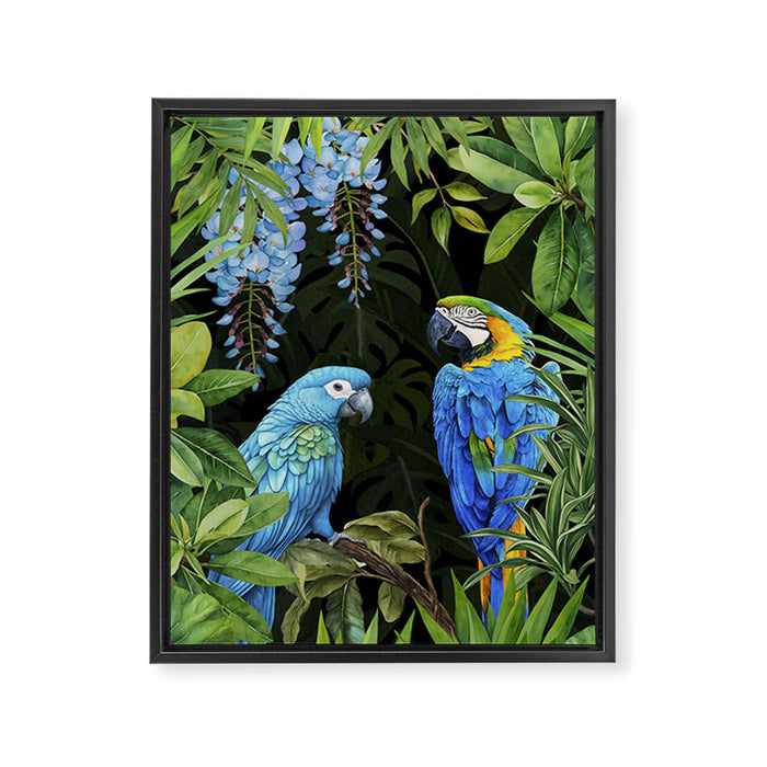 Tropical Blues Watercolor Parrots In The Canopy Framed Canvas Print Gallery Image 1