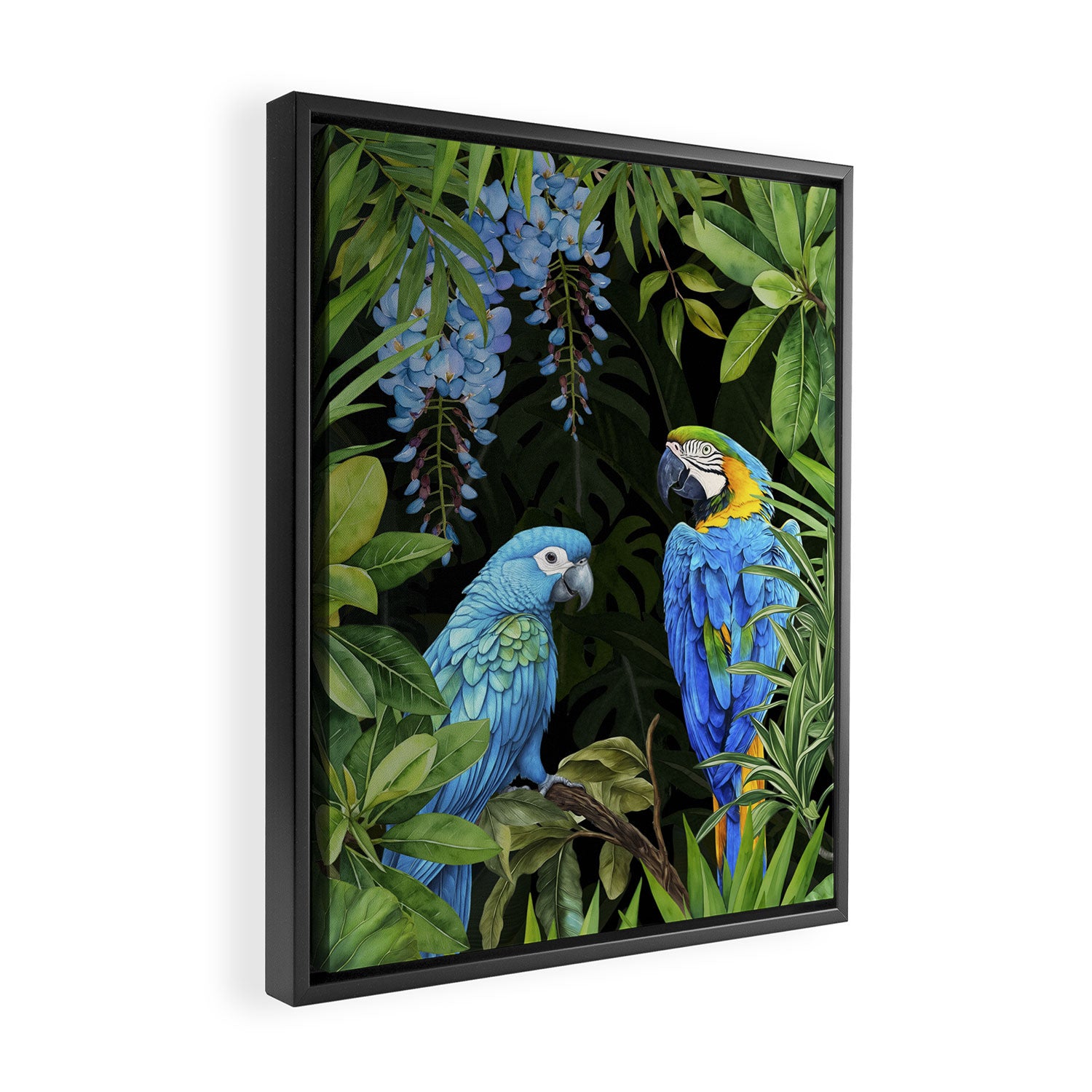 Tropical Blues Watercolor Parrots In The Canopy Framed Canvas Print Gallery Image 2