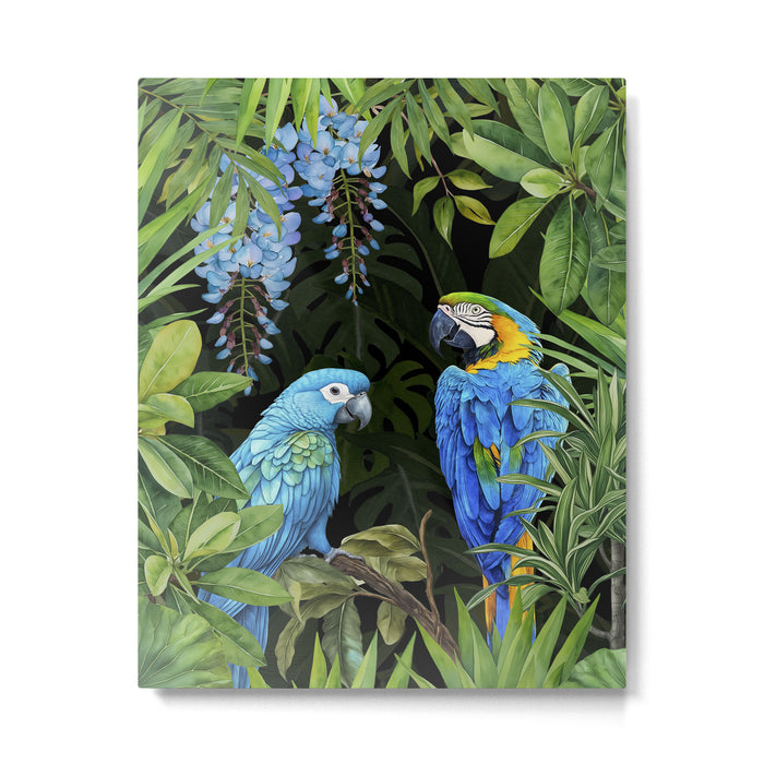 Tropical Blues Watercolor Parrots In The Canopy Metal Print Gallery Image 1
