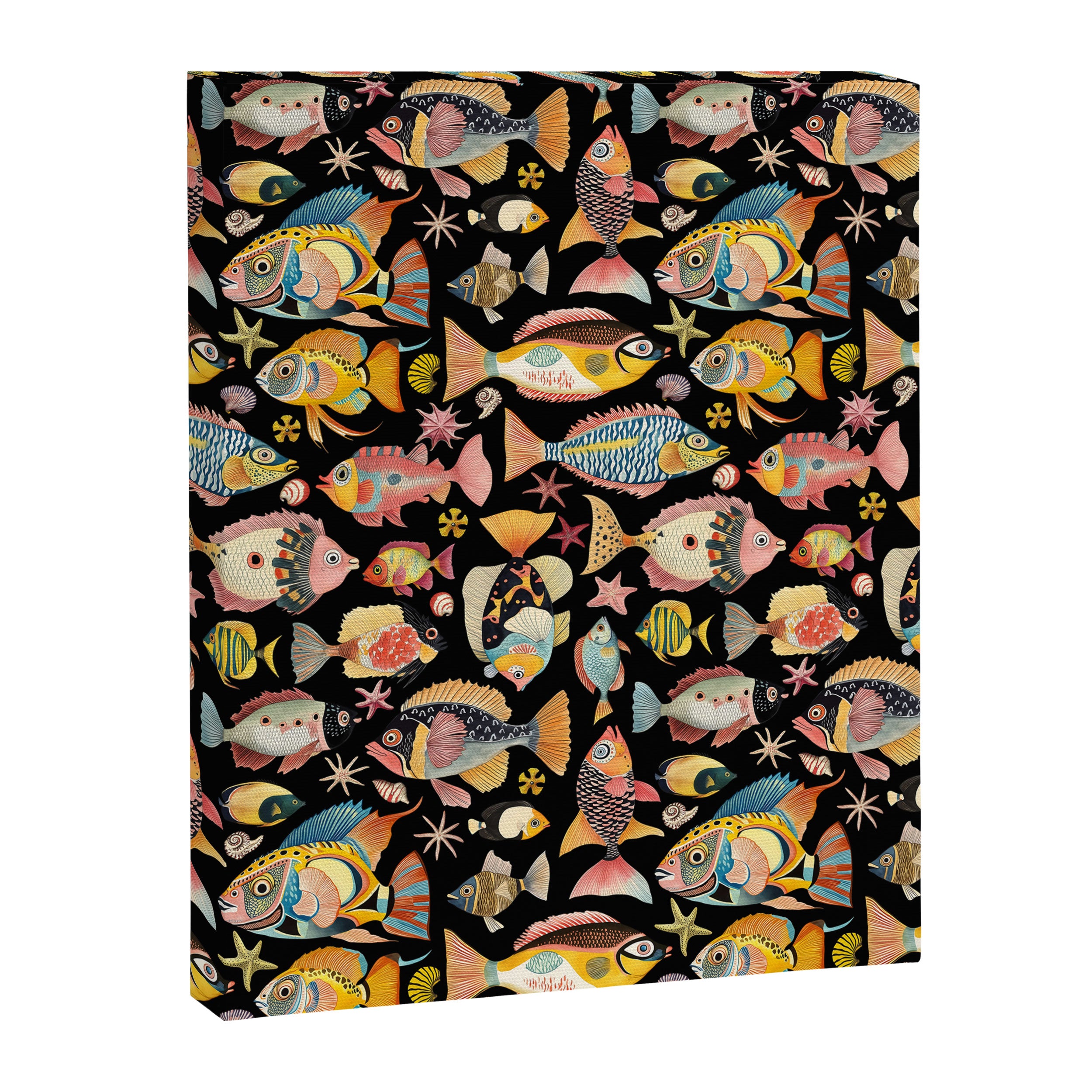 Whimsical Underwater World Multicolor Fish Pattern Black Canvas Print Gallery Image 8