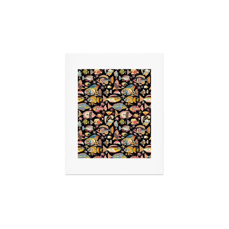 Whimsical Underwater World Multicolor Fish Pattern Black Art Print Gallery Image 1