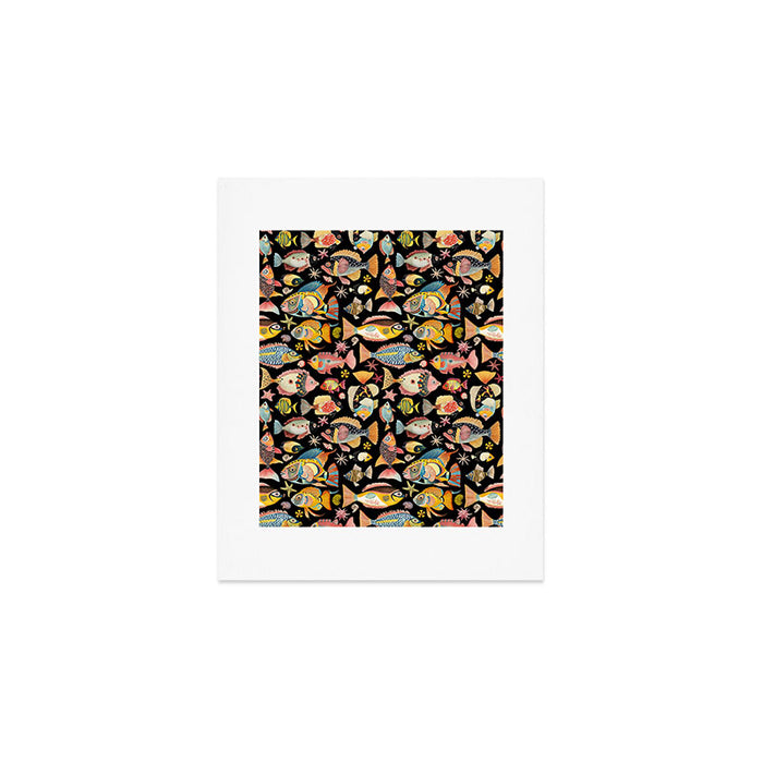 Whimsical Underwater World Multicolor Fish Pattern Black Art Print Gallery Image 1