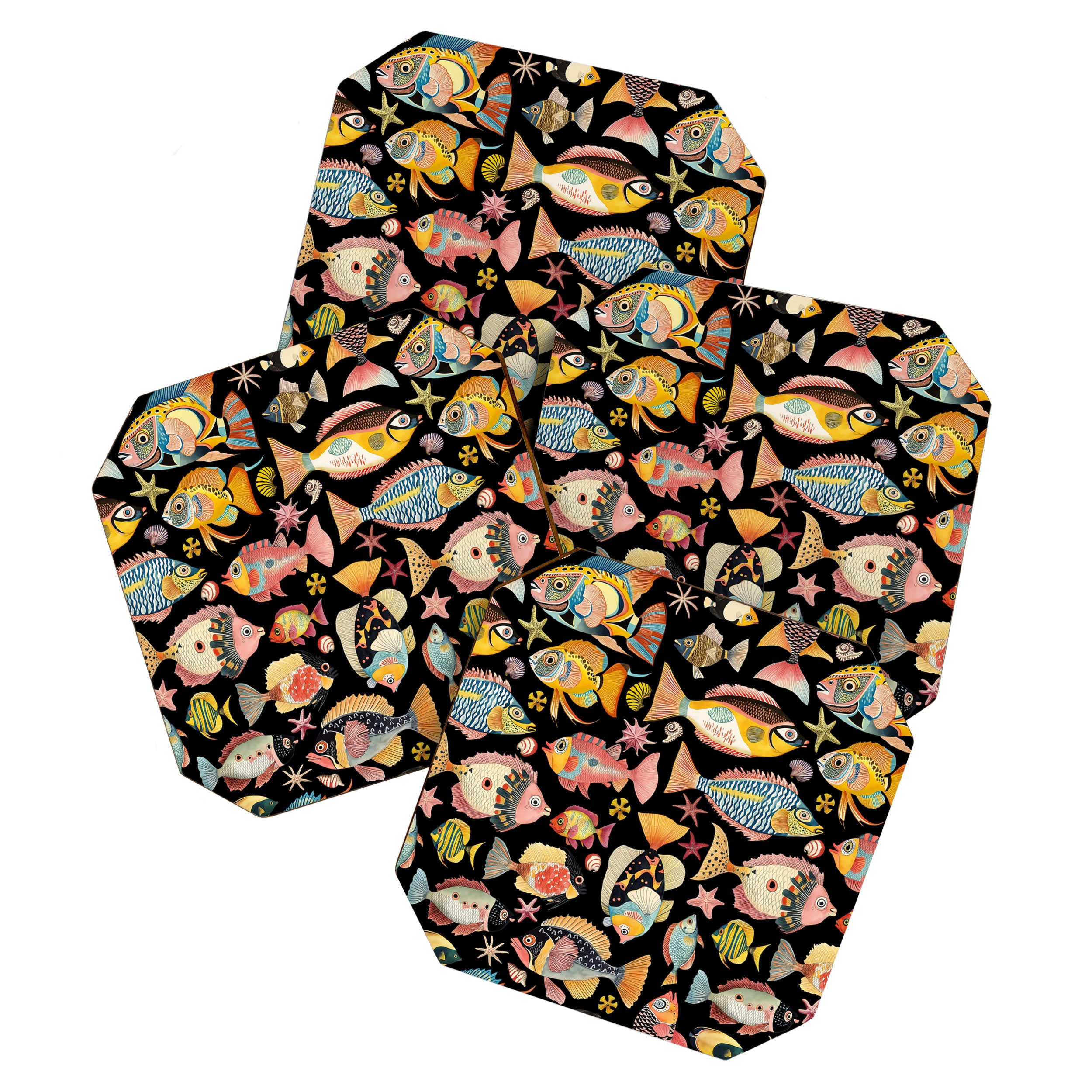 Whimsical Underwater World Multicolor Fish Pattern Black Coaster Gallery Image 1