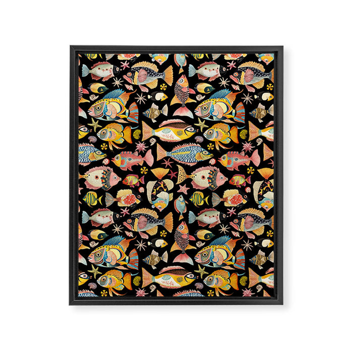 Whimsical Underwater World Multicolor Fish Pattern Black Framed Canvas Print Gallery Image 1