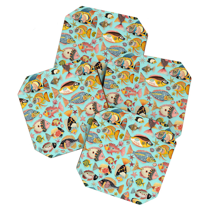 Whimsical Underwater World Multicolor Fish Pattern Turquoise Coaster Gallery Image 1