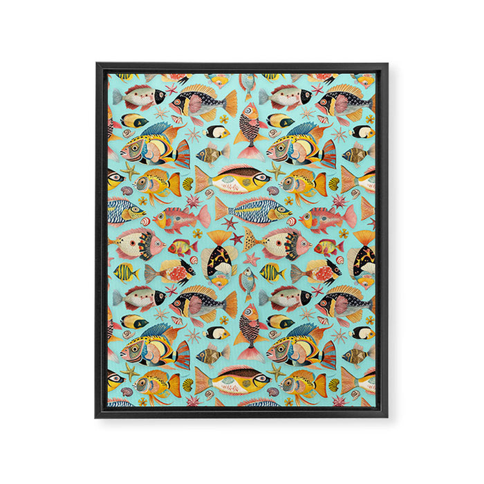 Whimsical Underwater World Multicolor Fish Pattern Turquoise Framed Canvas Print Gallery Image 1