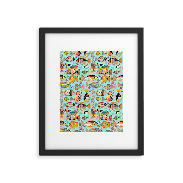 Whimsical Underwater World Multicolor Fish Pattern Turquoise Framed Art Print Gallery Image 1