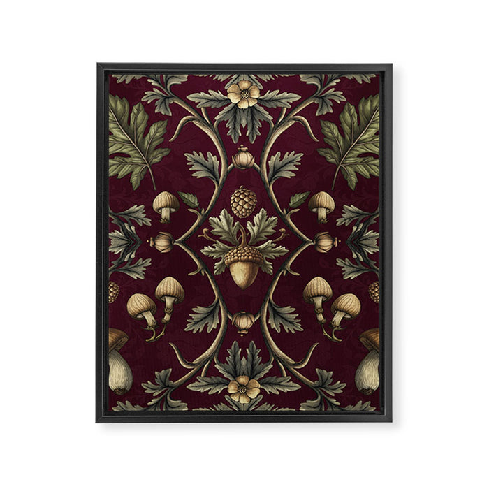 William Morris Style Forest Tales Cabincore Pattern Burgundy Red Framed Canvas Print Gallery Image 1