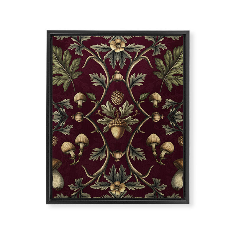 William Morris Style Forest Tales Cabincore Pattern Burgundy Red Framed Canvas Print Gallery Image 8