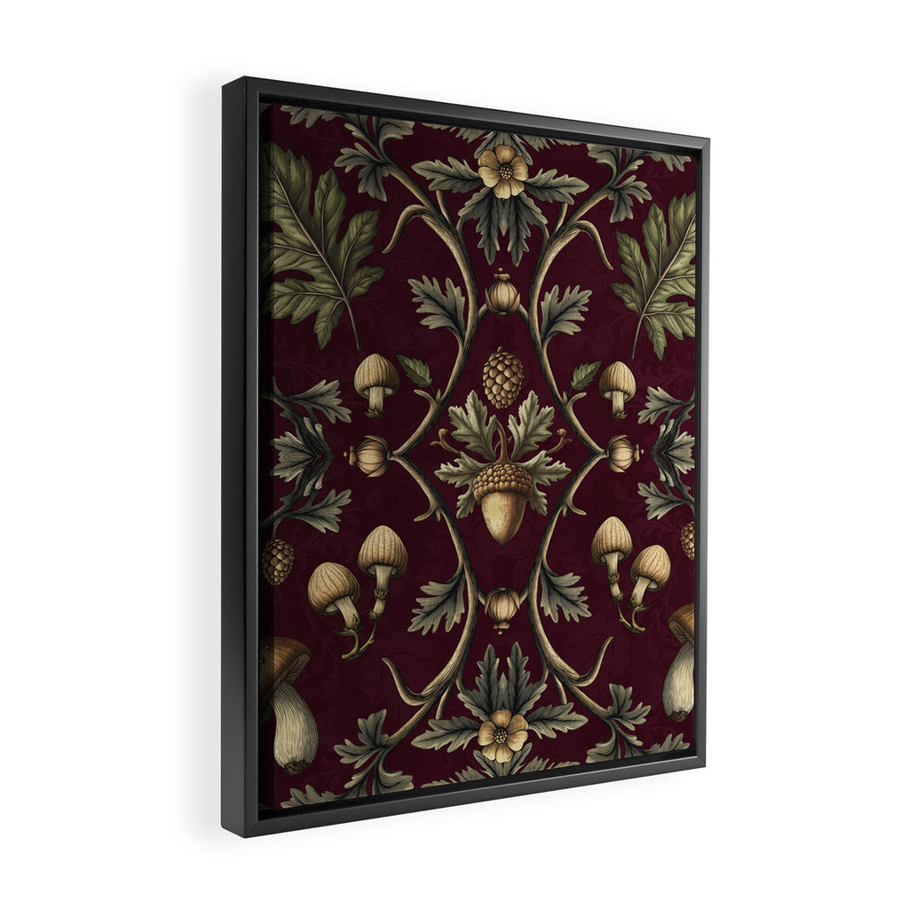 William Morris Style Forest Tales Cabincore Pattern Burgundy Red Framed Canvas Print Gallery Image 2