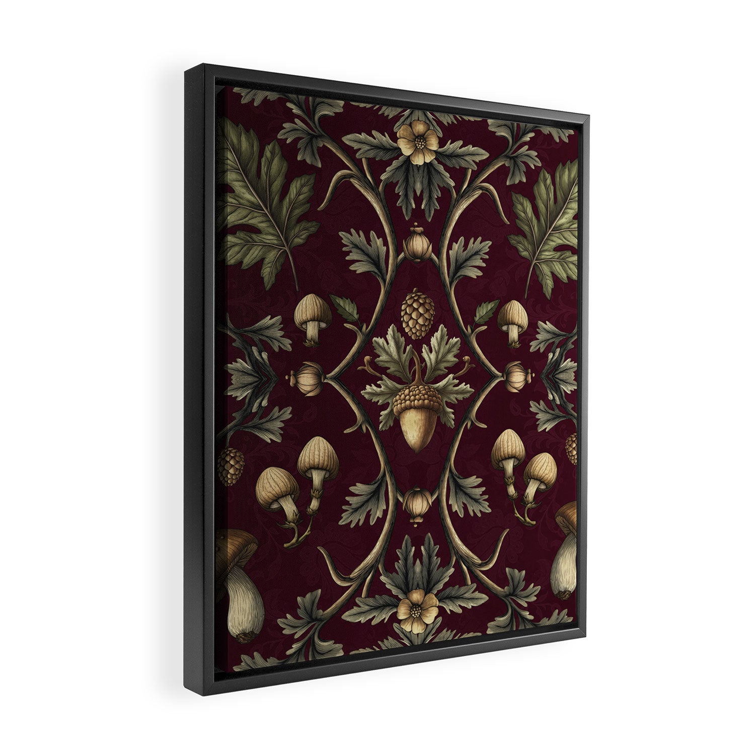 William Morris Style Forest Tales Cabincore Pattern Burgundy Red Framed Canvas Print Gallery Image 2