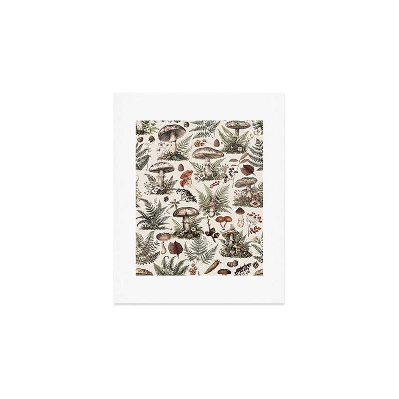 Woodland Vibes Mushroom And Fern Pattern Beige Art Print Gallery Image 1