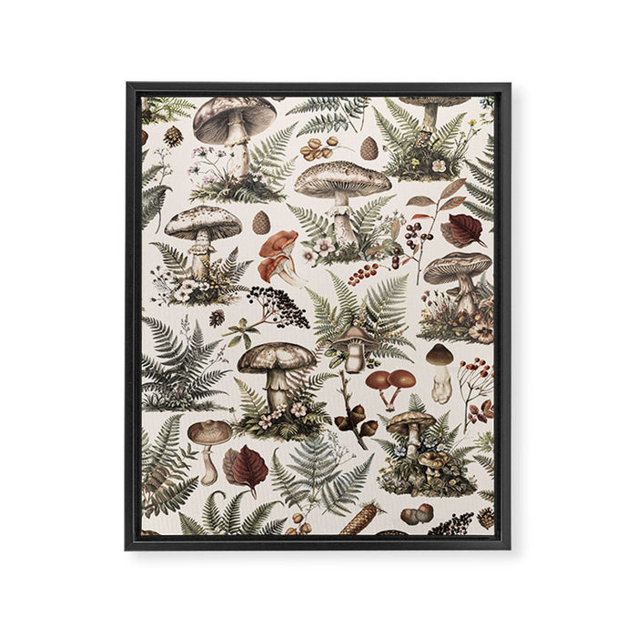 Woodland Vibes Mushroom And Fern Pattern Beige Framed Canvas Print Gallery Image 1
