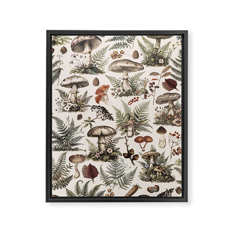 Woodland Vibes Mushroom And Fern Pattern Beige Framed Canvas Print Gallery Image 8