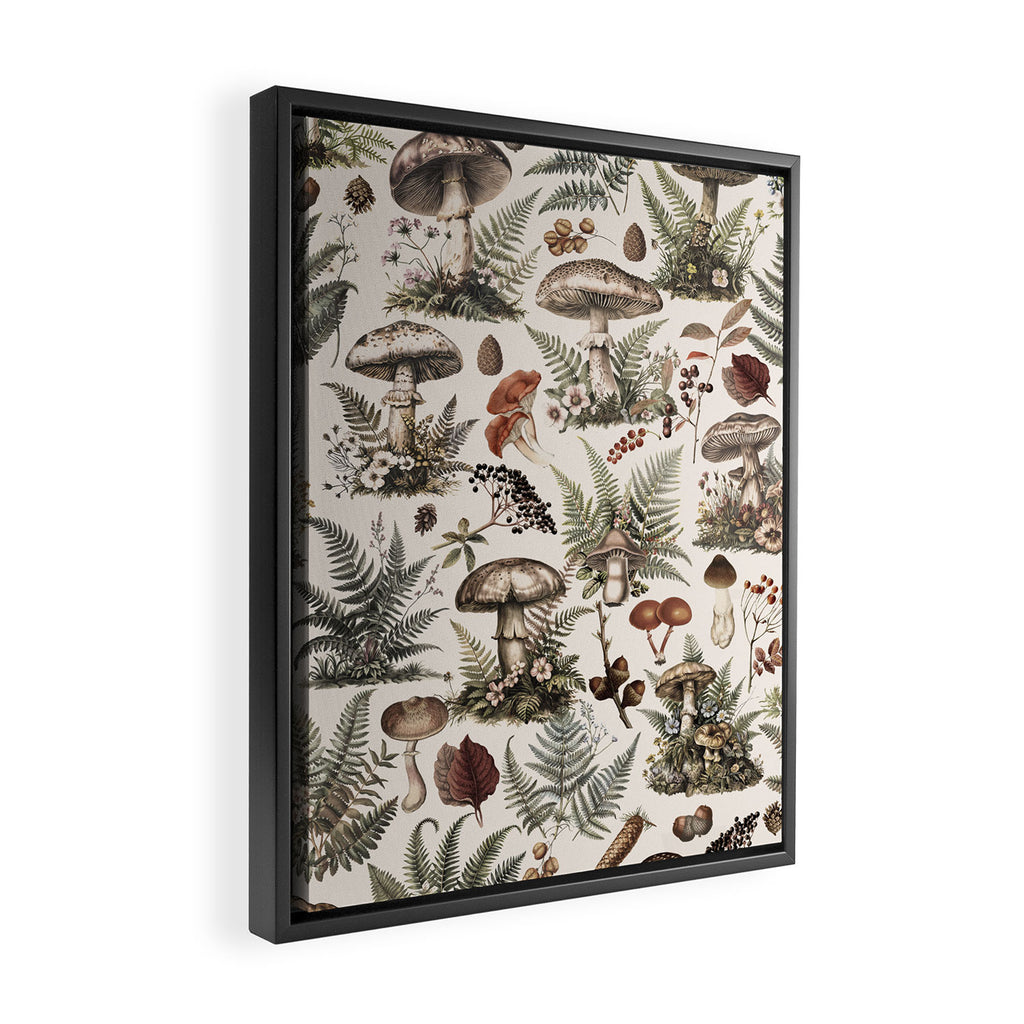 Woodland Vibes Mushroom And Fern Pattern Beige Framed Canvas Print Gallery Image 2