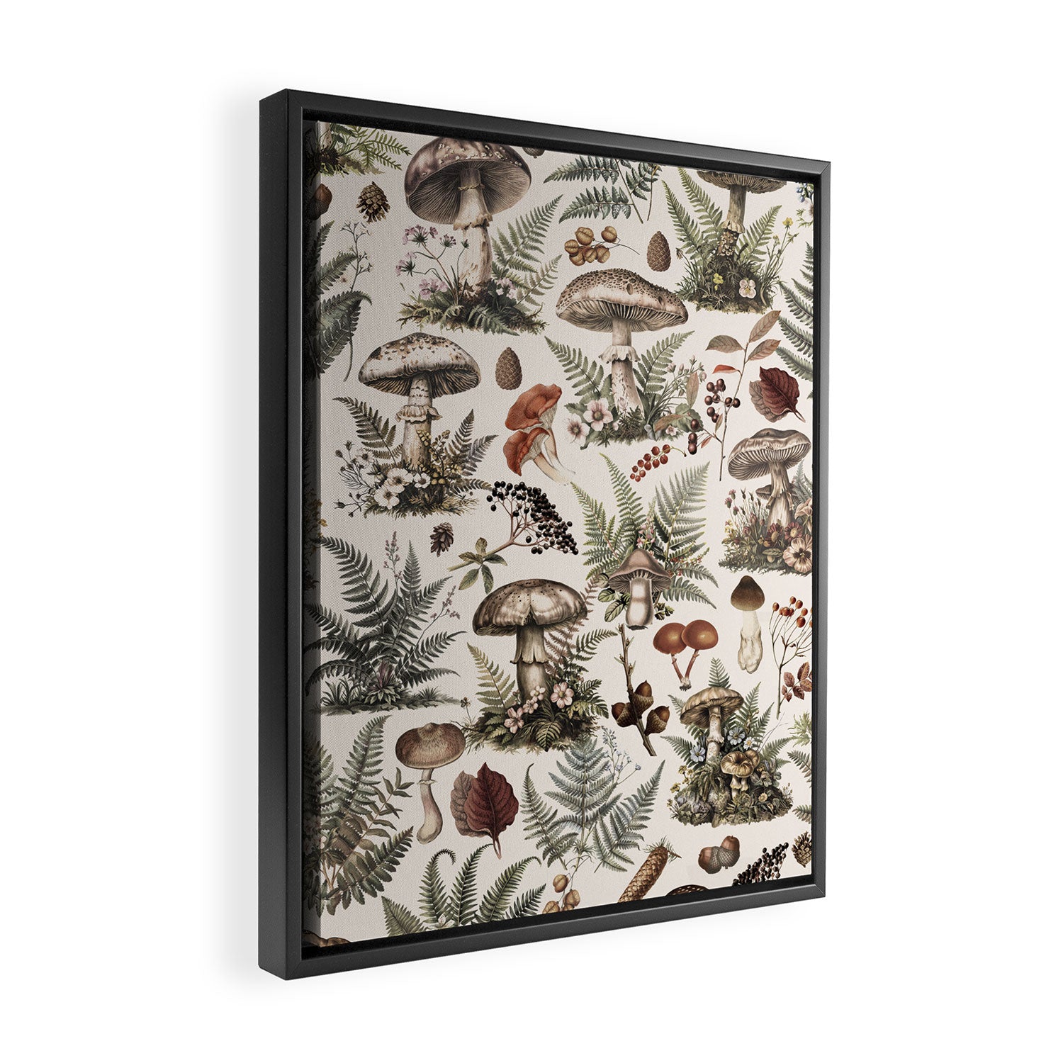 Woodland Vibes Mushroom And Fern Pattern Beige Framed Canvas Print Gallery Image 2