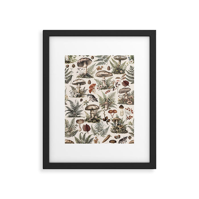 Woodland Vibes Mushroom And Fern Pattern Beige Framed Art Print Gallery Image 1