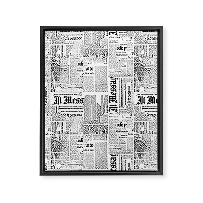 Black And White Collage Of Grunge Newspaper Fragments Framed Canvas Print Gallery Image 1