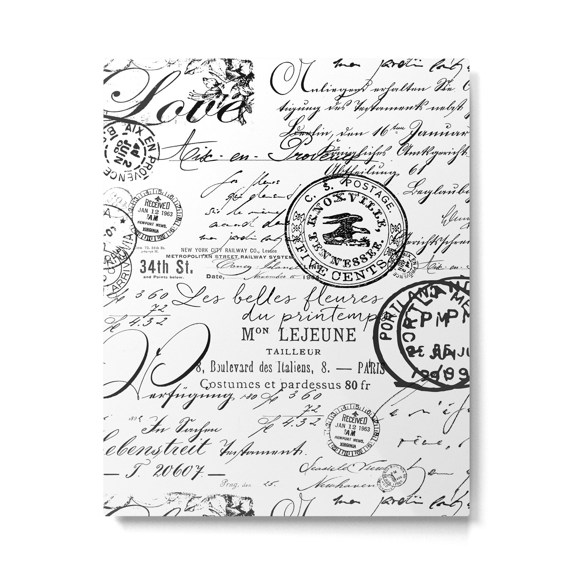 Vintage handwriting black and white Metal Print Gallery Image 6