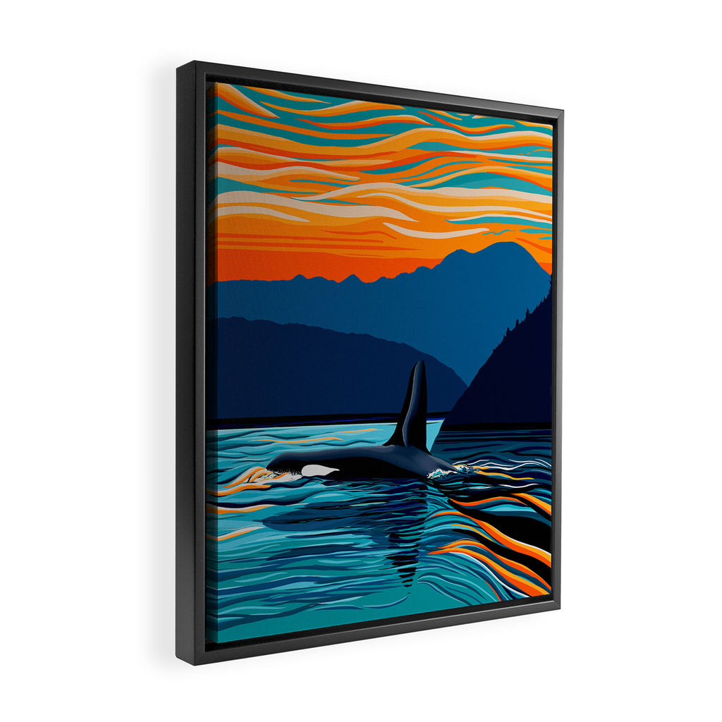 Orca into the Fire Sky Framed Canvas Print Gallery Image 2