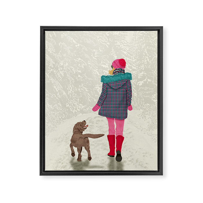 A Girl Her Dog and the Snow Framed Canvas Print Gallery Image 1