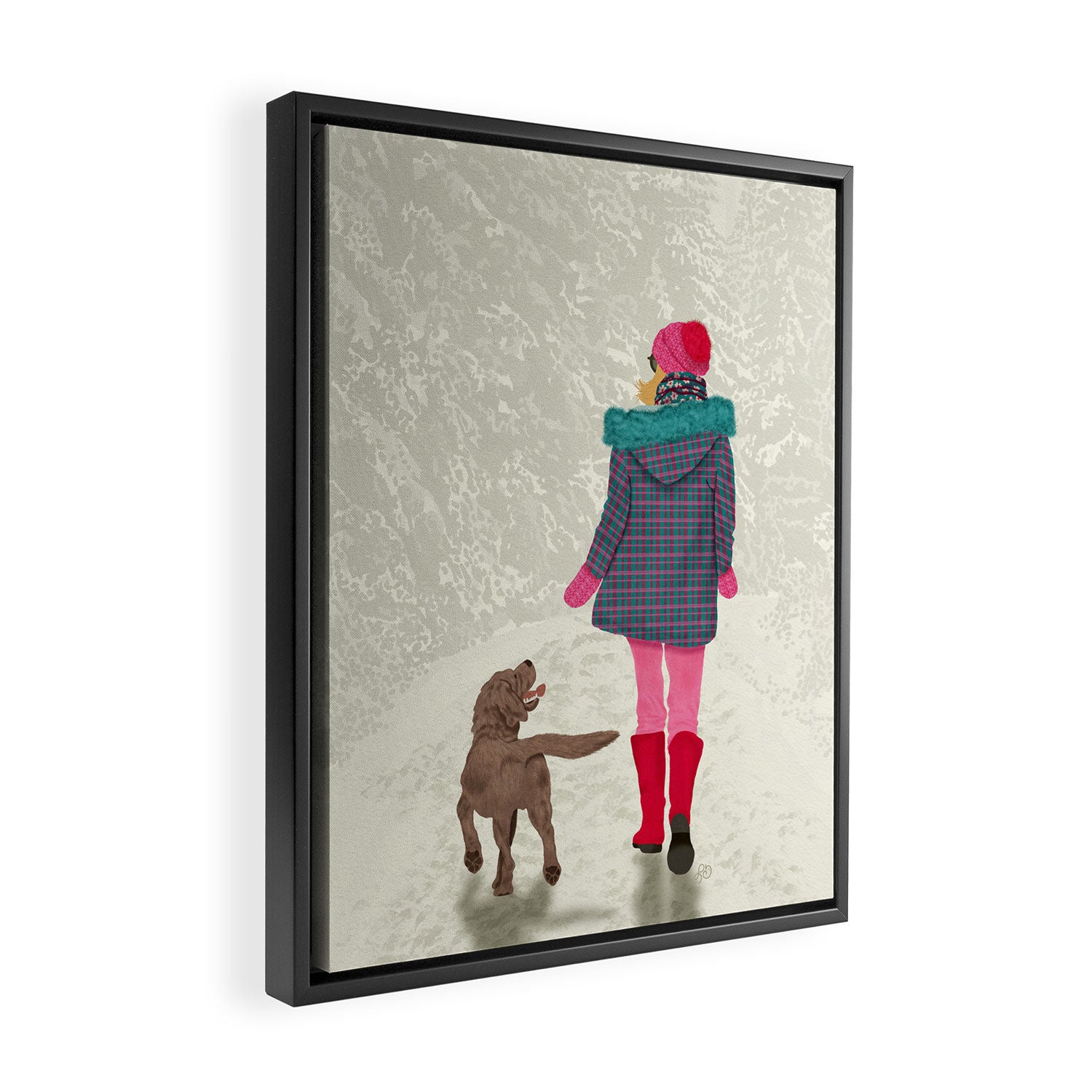 A Girl Her Dog and the Snow Framed Canvas Print Gallery Image 2