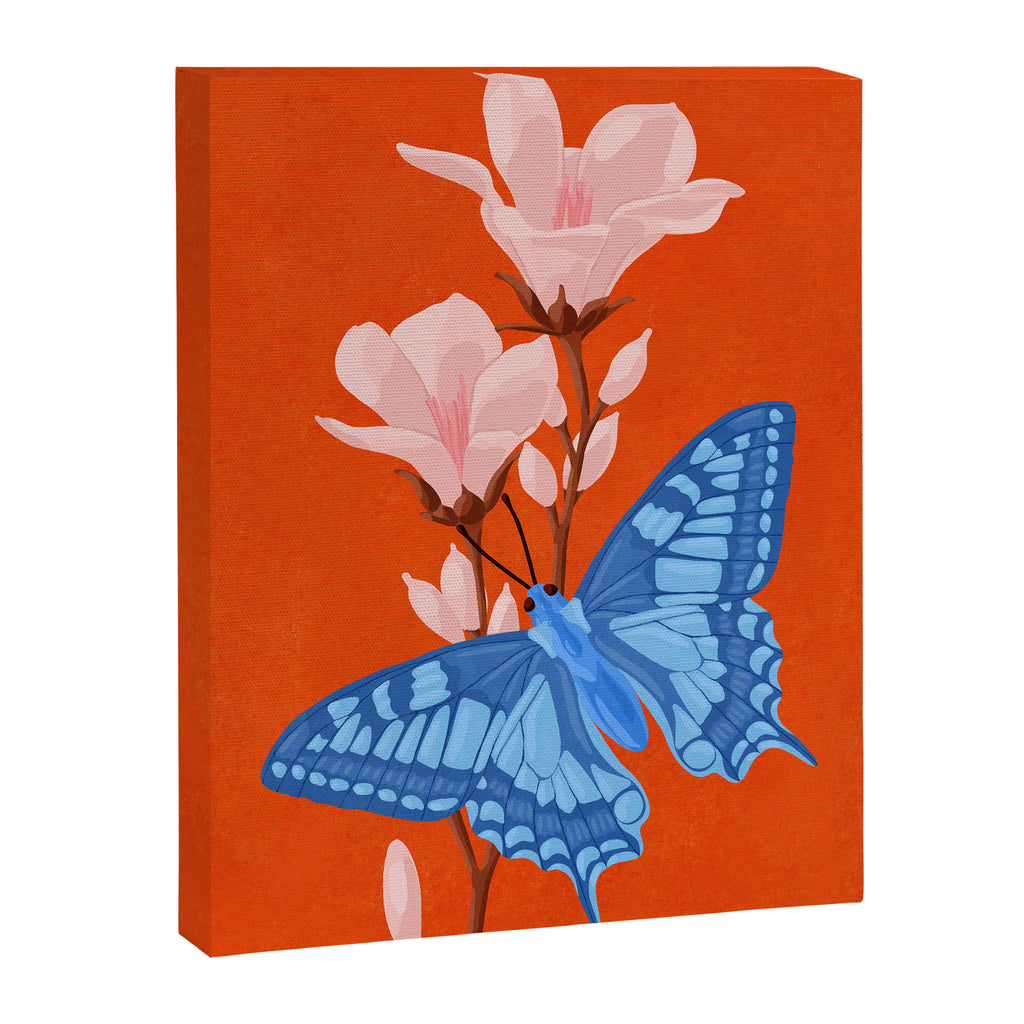 Blue Butterfly and Blooms on a Red Canvas Canvas Print Gallery Image 6