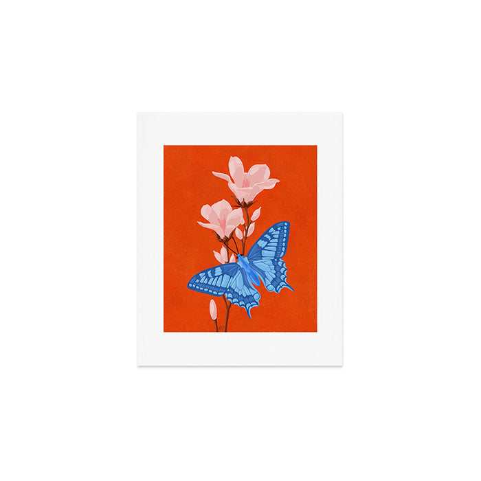 Blue Butterfly and Blooms on a Red Canvas Art Print Gallery Image 1