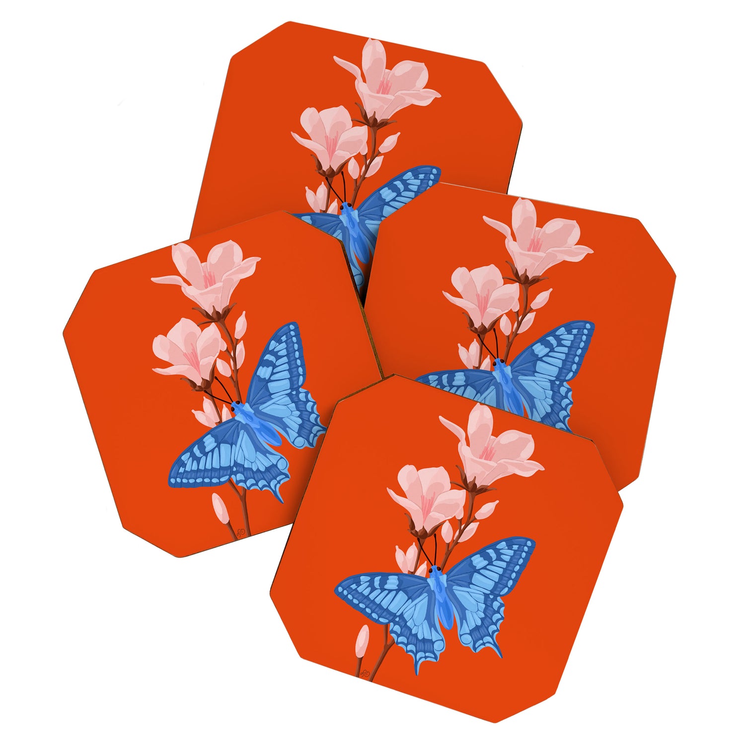 Blue Butterfly and Blooms on a Red Canvas Coaster Gallery Image 1