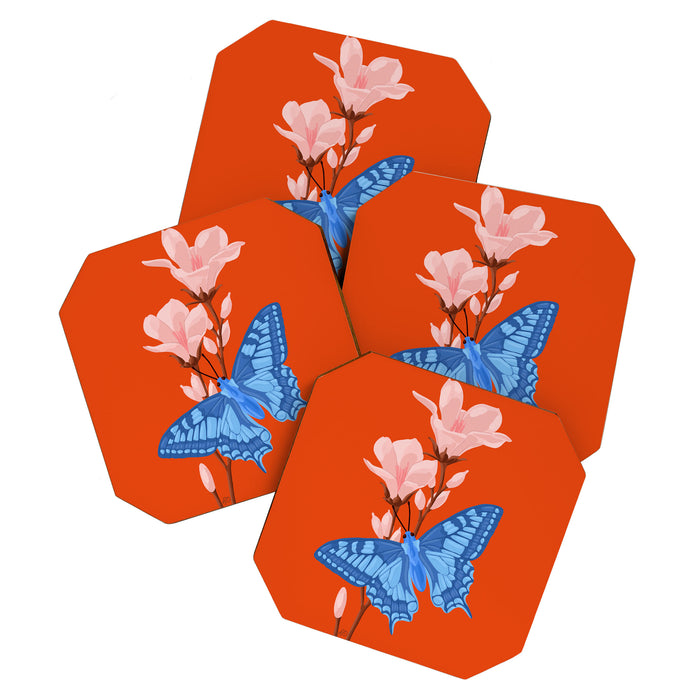 Blue Butterfly and Blooms on a Red Canvas Coaster Gallery Image 1
