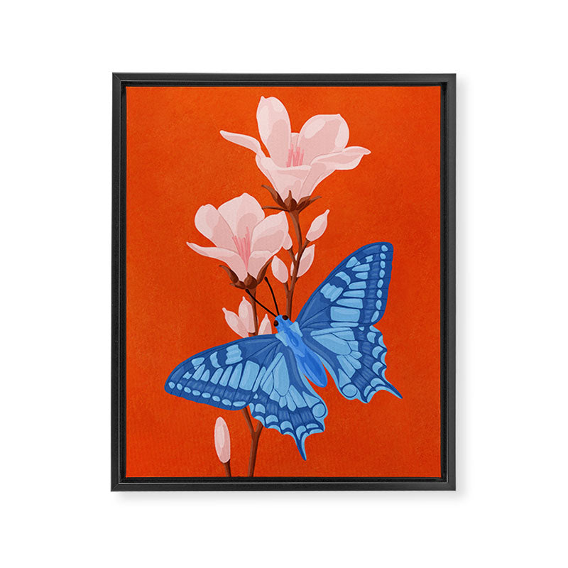 Blue Butterfly and Blooms on a Red Canvas Framed Canvas Print Gallery Image 6