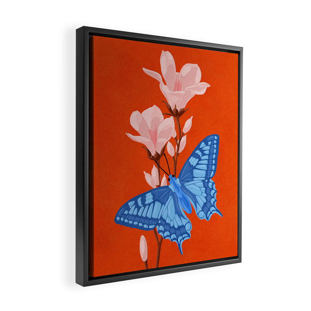 Blue Butterfly and Blooms on a Red Canvas Framed Canvas Print Gallery Image 2