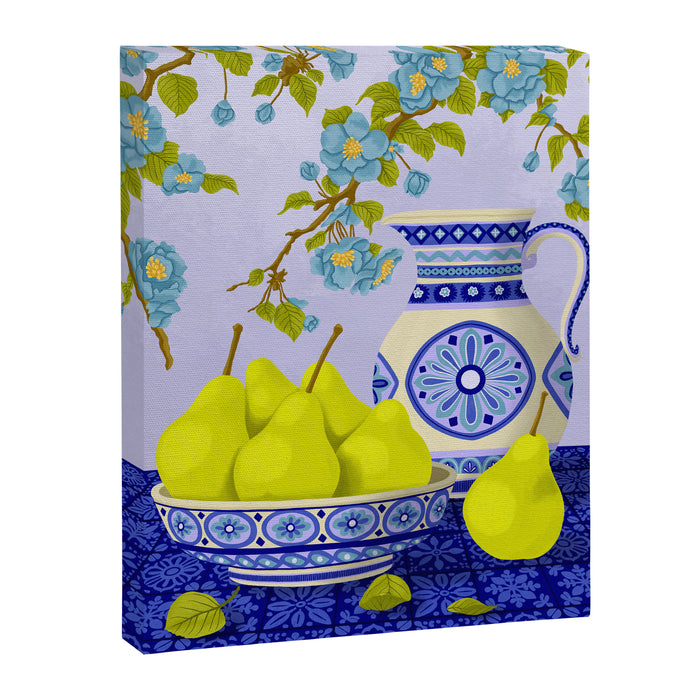 Bowl of Pears and Blue Blossoms Canvas Print Gallery Image 1