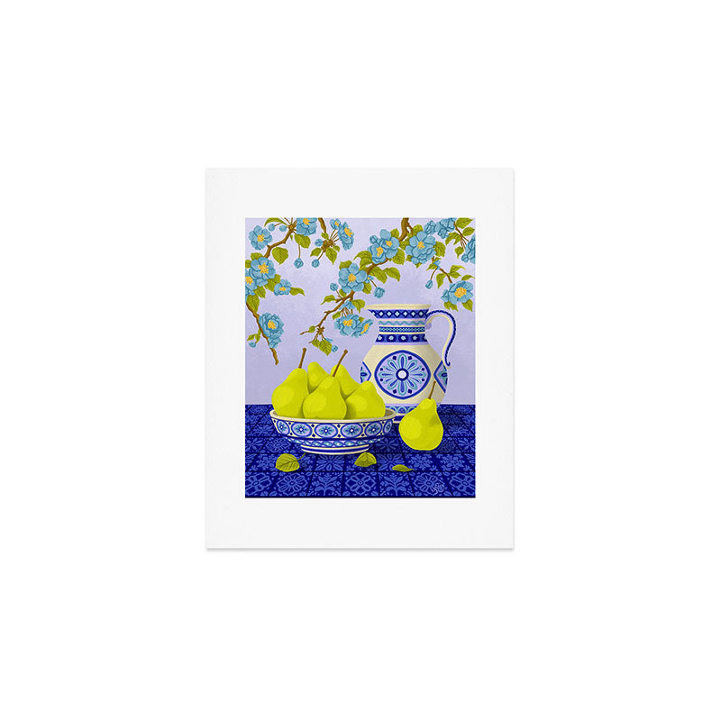 Bowl of Pears and Blue Blossoms Art Print Gallery Image 1