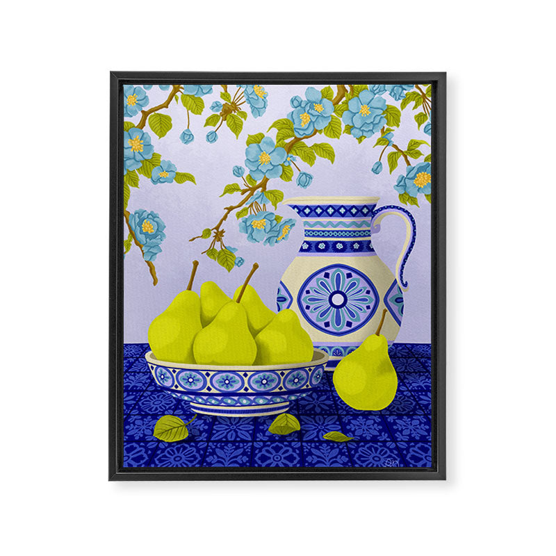 Bowl of Pears and Blue Blossoms Framed Canvas Print Gallery Image 6