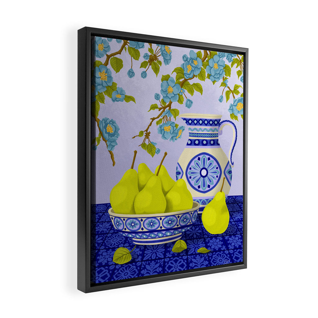Bowl of Pears and Blue Blossoms Framed Canvas Print Gallery Image 2