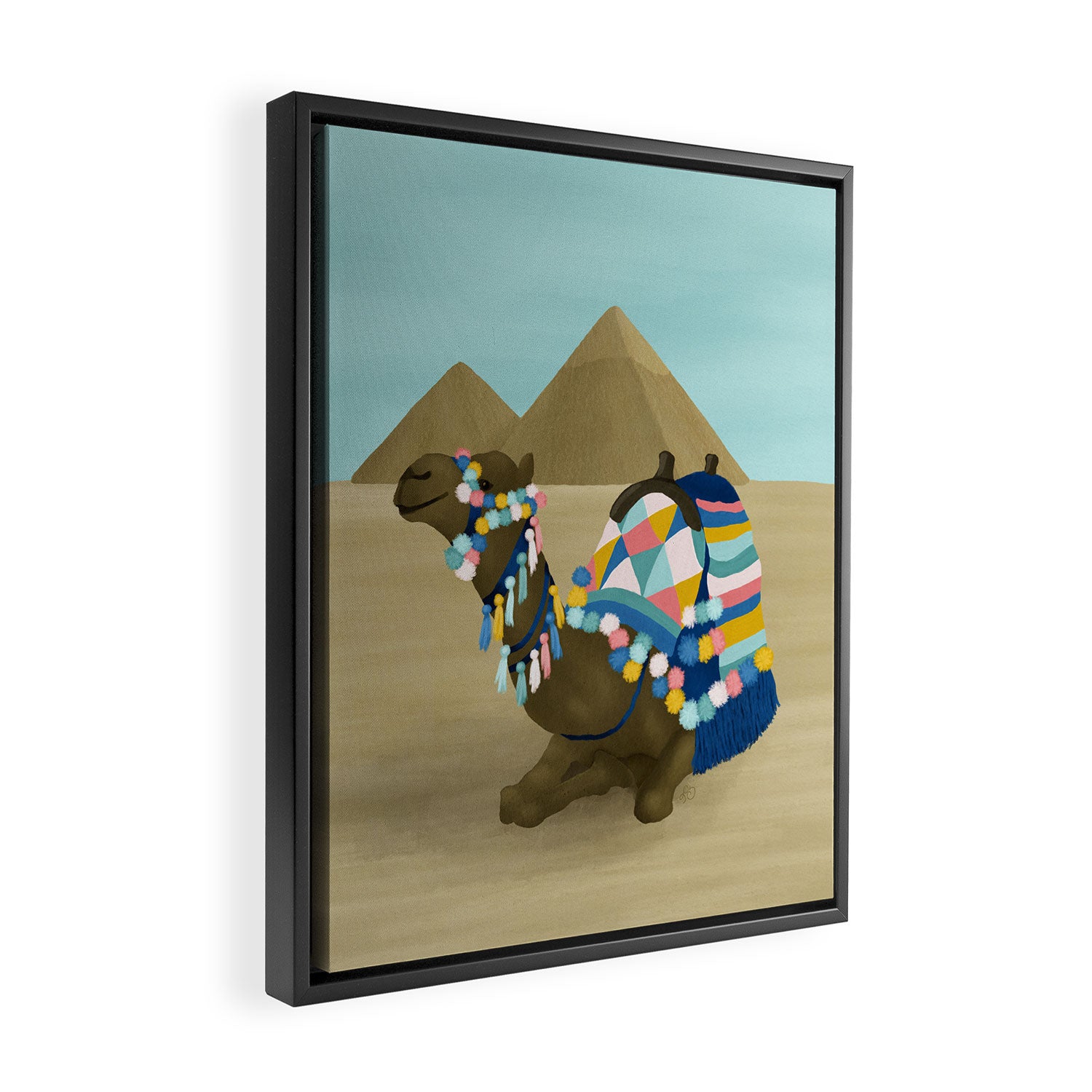 Colorful Desert Camel and Pyramids Framed Canvas Print Gallery Image 2