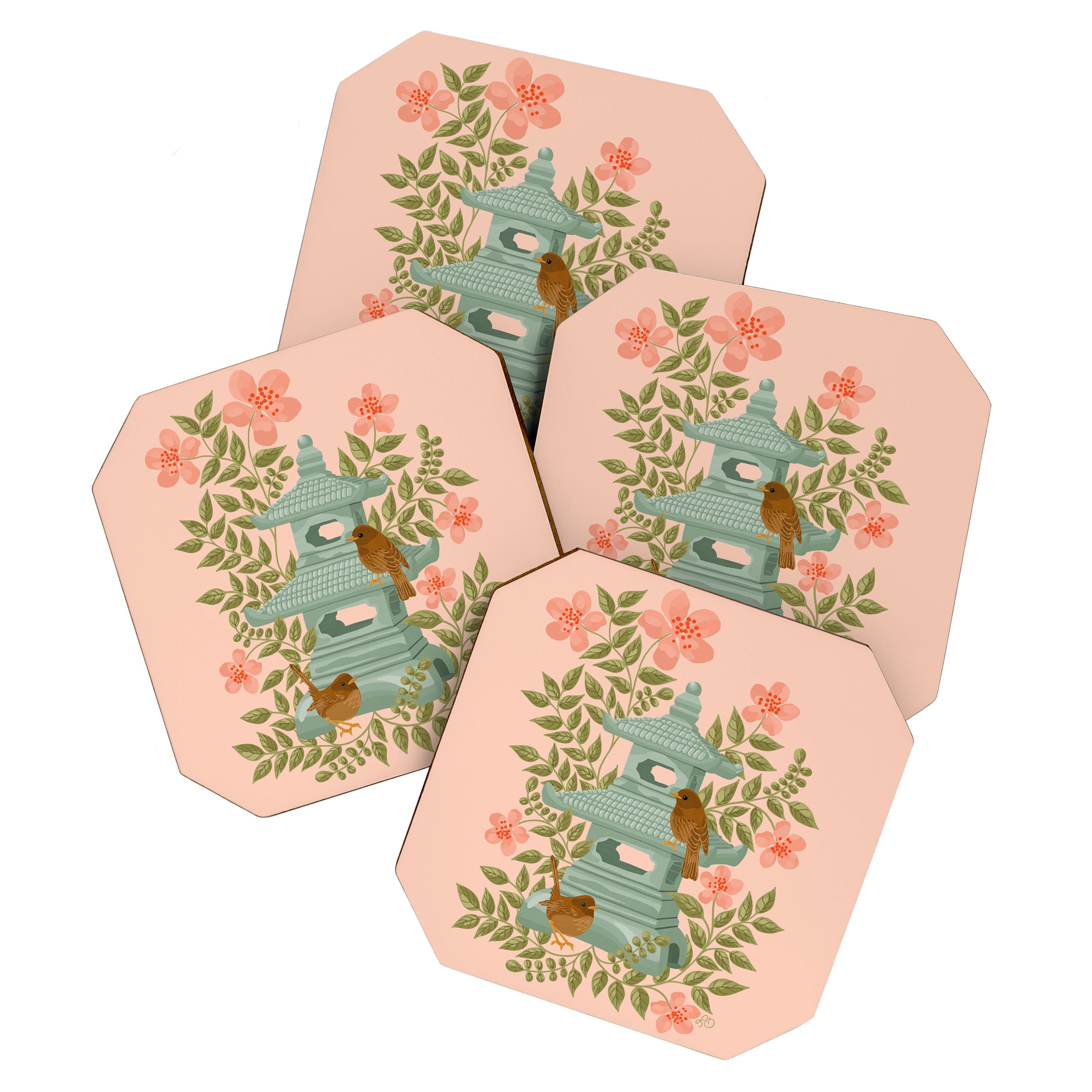 Serene Pagoda with Blossoms and Birds Coaster Gallery Image 1