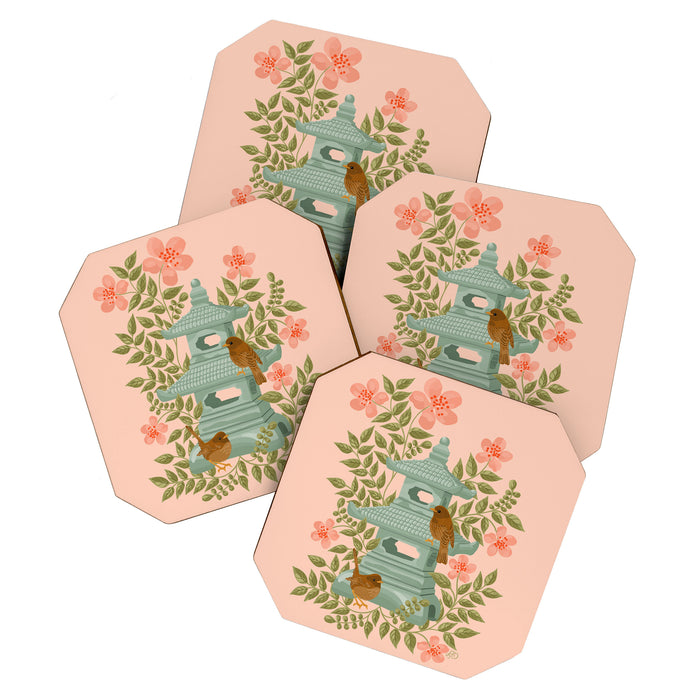 Serene Pagoda with Blossoms and Birds Coaster Gallery Image 1